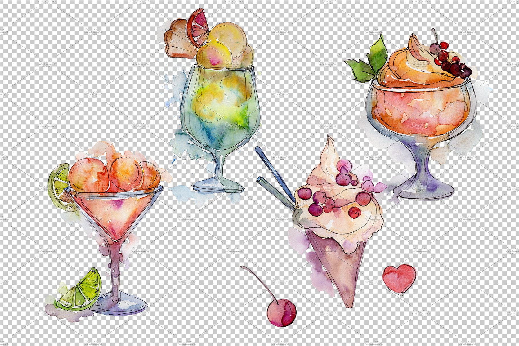Some ice creams options in a watercolor style.