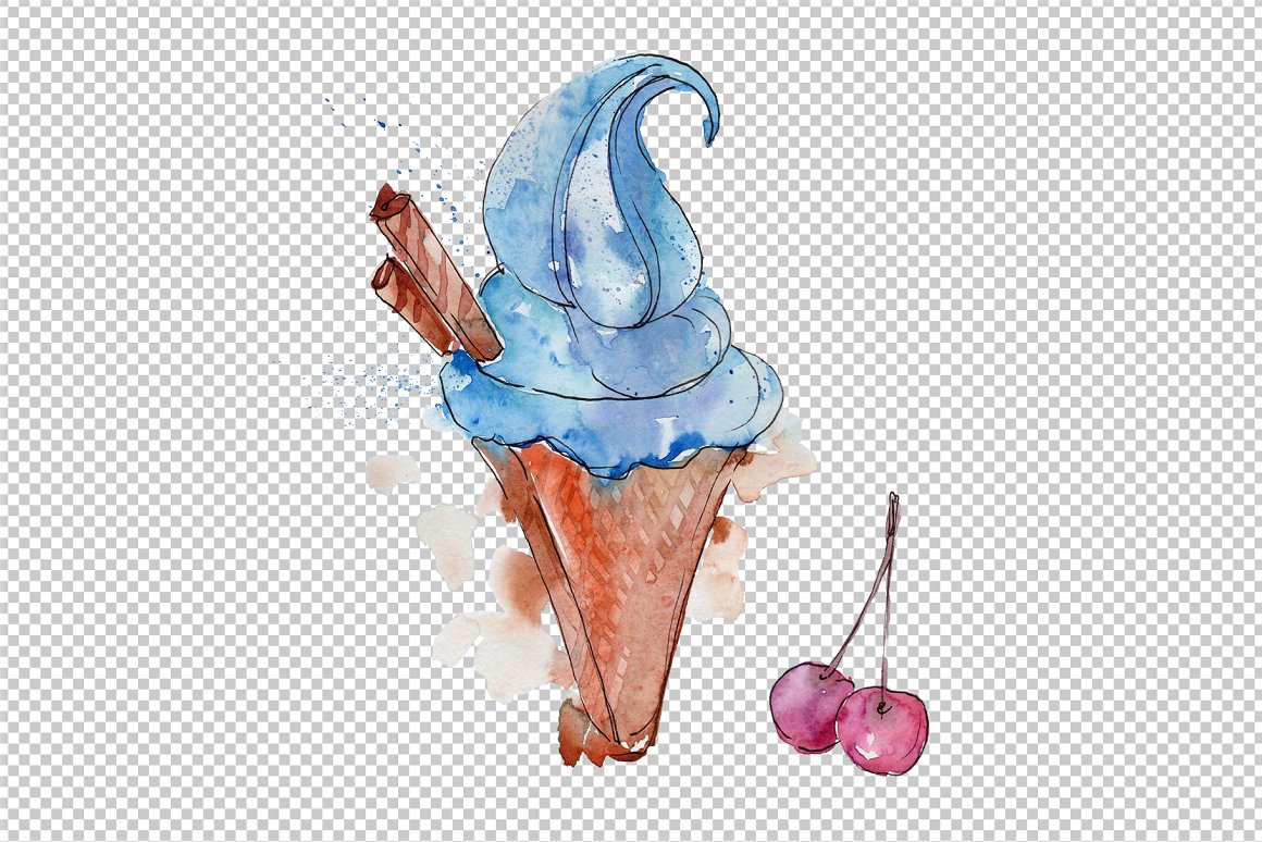 A watercolor illustration of a blue ice cream in a waffle cup on a transparent background.