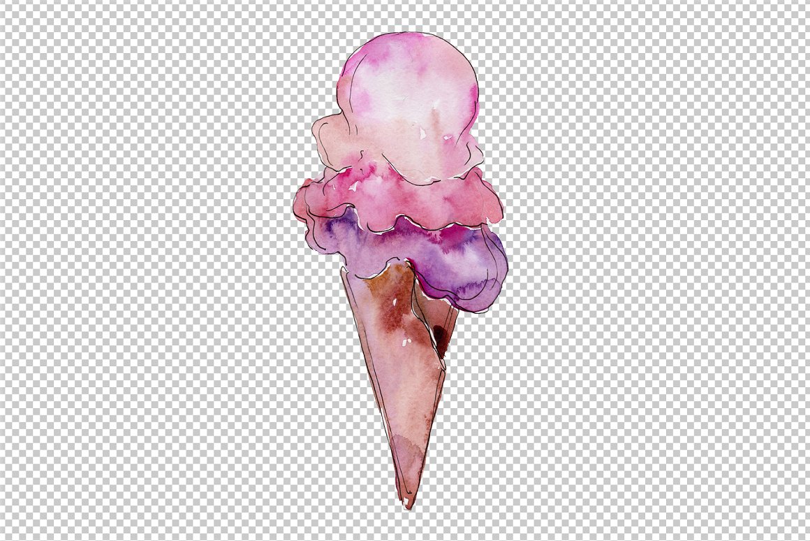 A watercolor illustration of a pink and purple ice cream in a waffle cup on a transparent background.