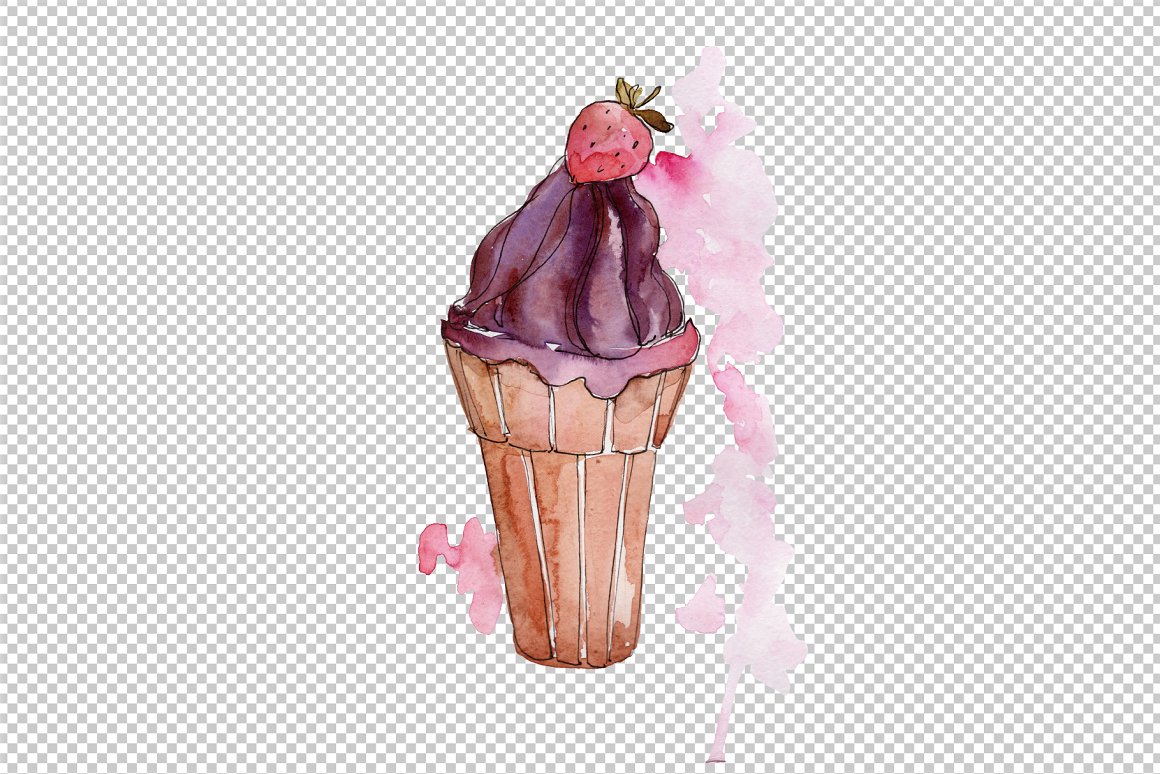 A watercolor illustration of a brown ice cream in a waffle cup on a transparent background.