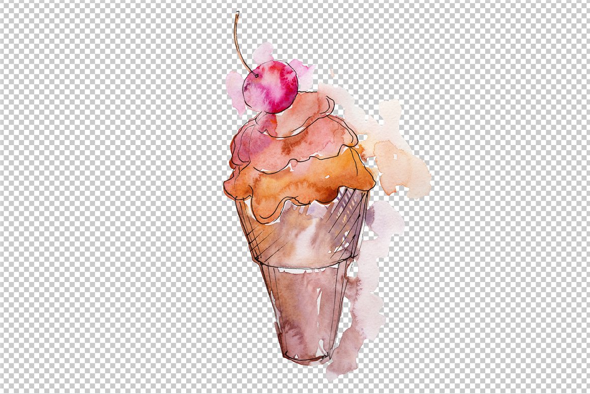 A watercolor illustration of a pink and orange ice cream in a waffle cup on a transparent background.