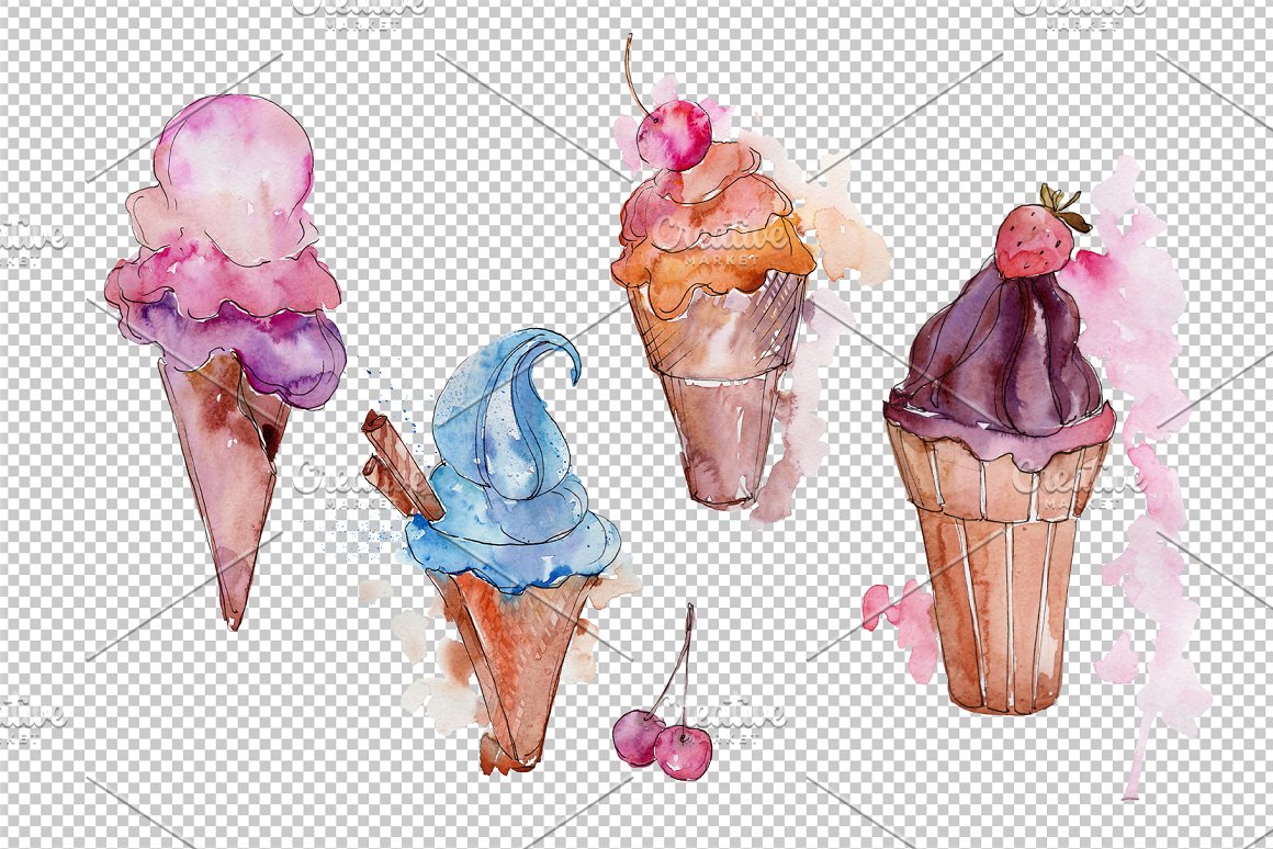 A set of 4 different watercolor illustrations of ice cream in a waffle cup on a transparent background.
