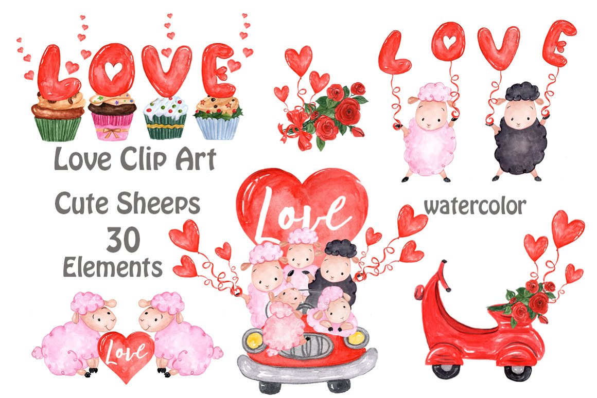 Gray lettering "Love Clip Art Cute Sheeps 30 Elements" and 6 different illustrations of sheeps on a white background.