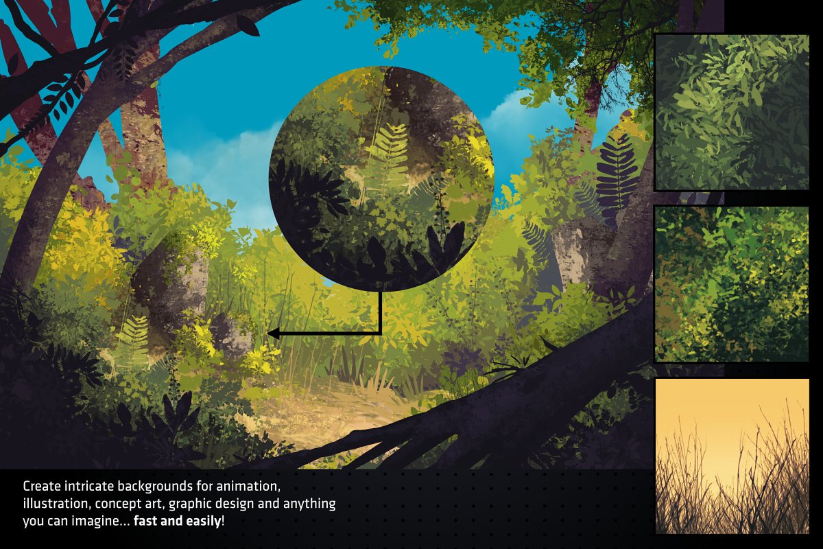 Create intricate backgrounds for animation, illustration and concept art.