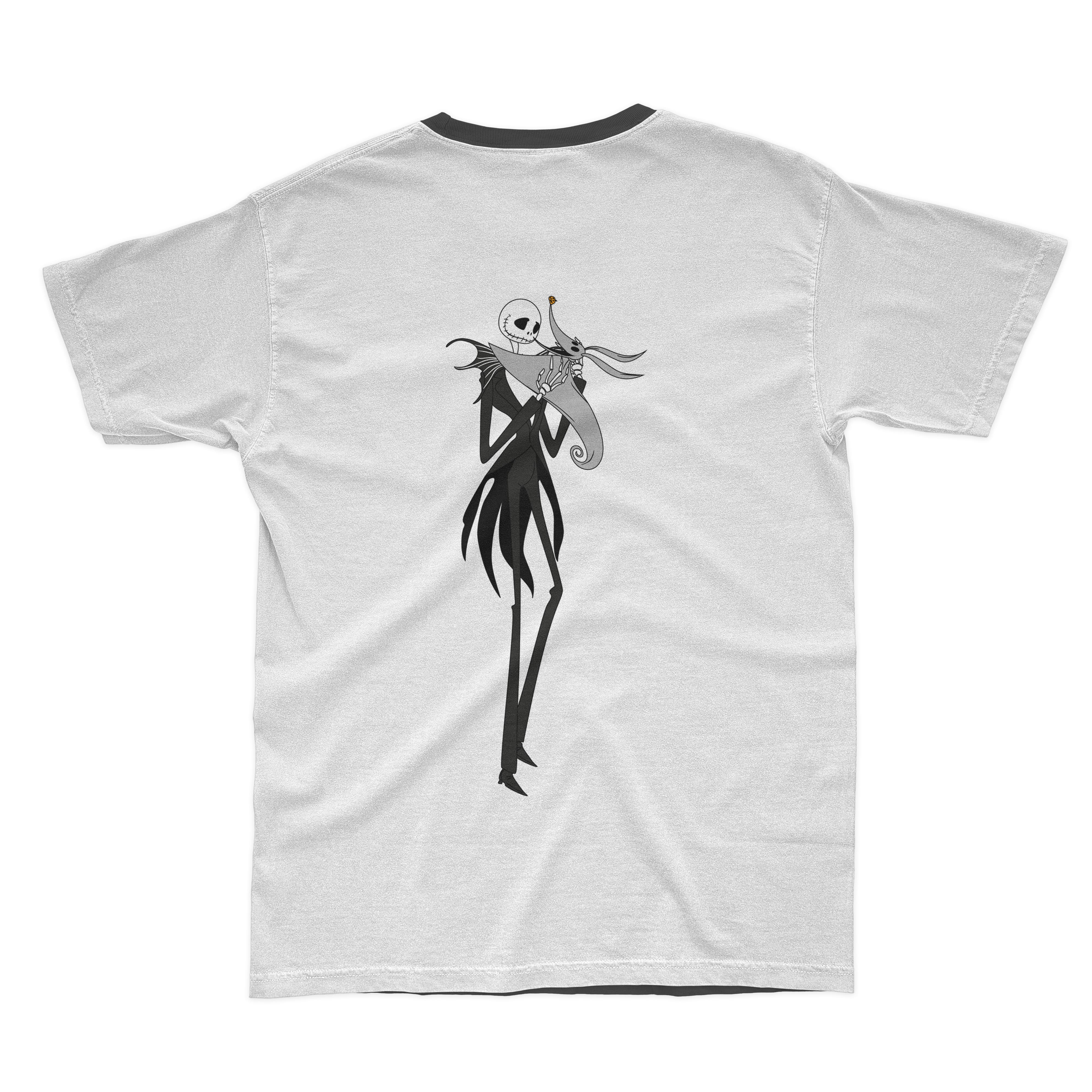 Dark illustration of skellington on the white t-shirt with dark gray collar.