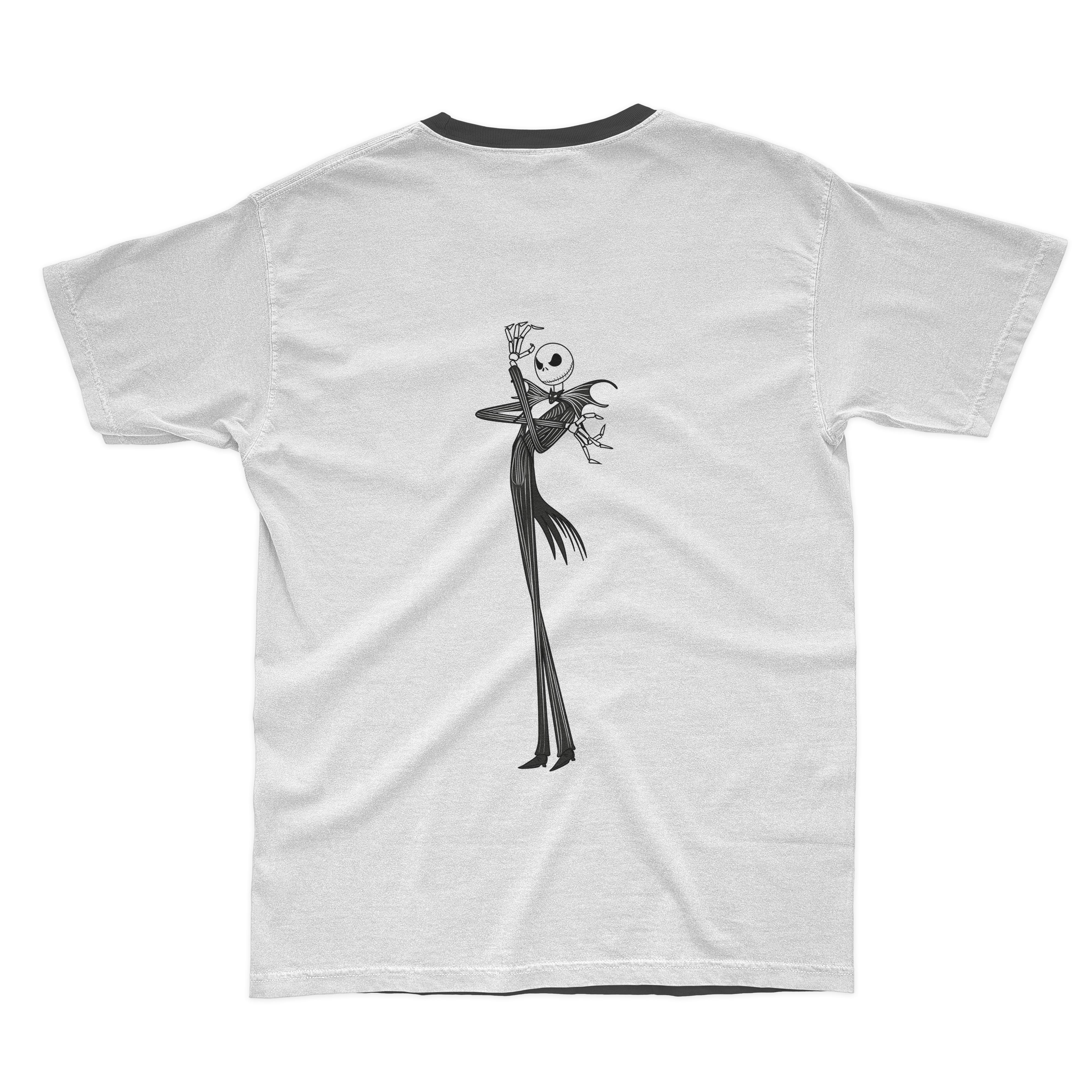 White t-shirt with dark gray collar and jack skellington.