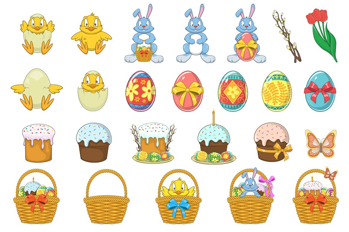 Clipart of 25 easter objects and compositions on a white background.