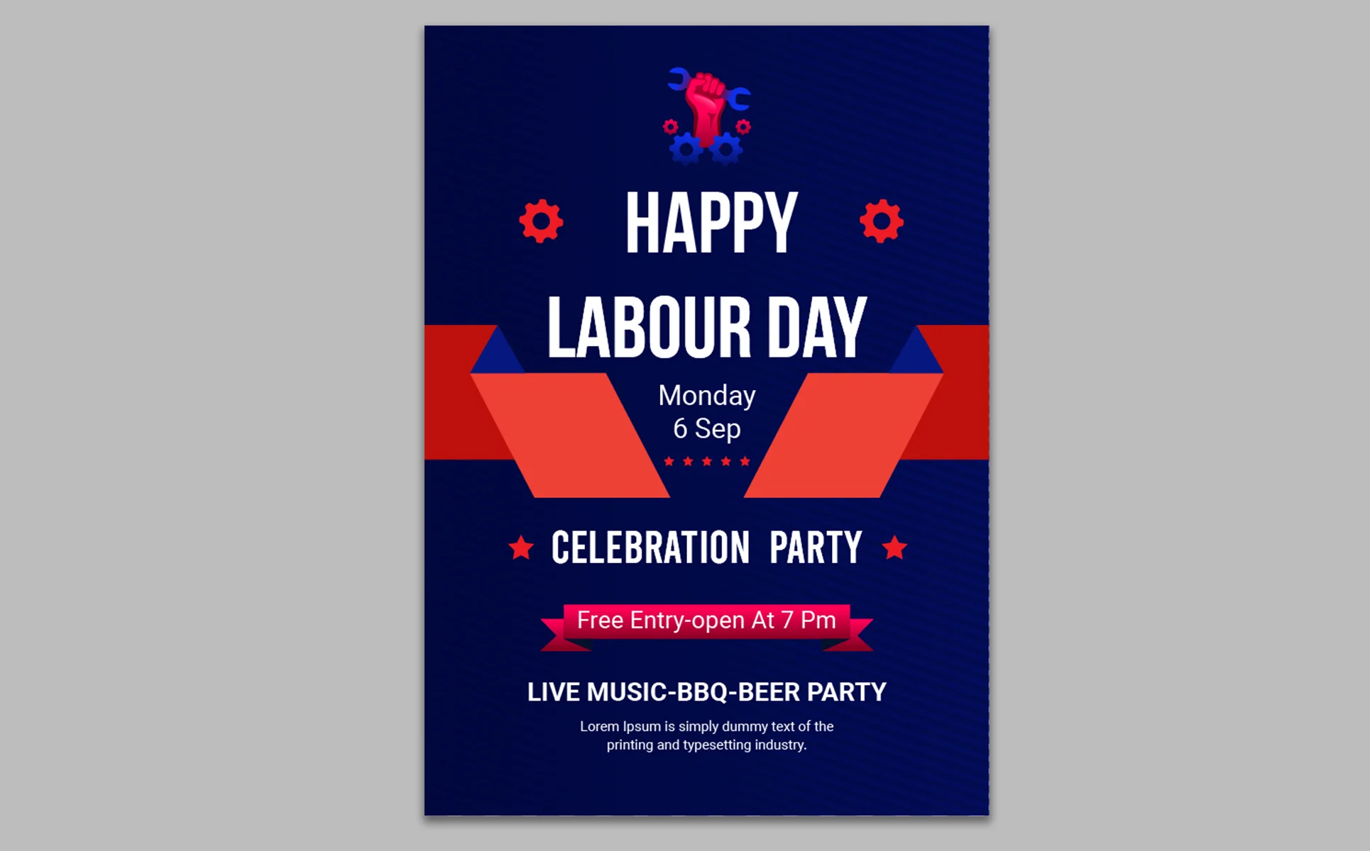 Banner for labor day advertising in blue, red and white on a gray background.