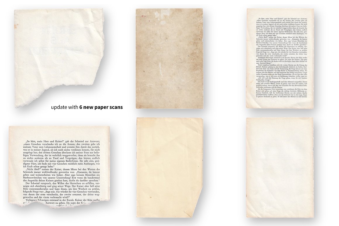 A set of 6 different new paper scans on a white background.