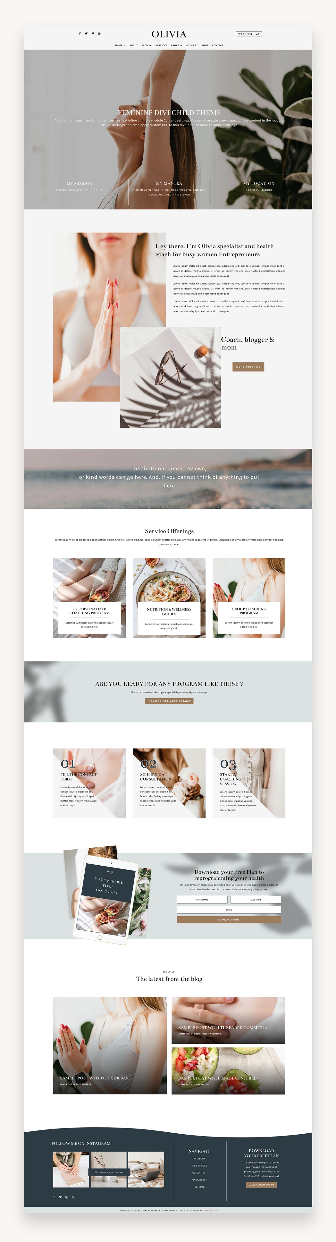 Site in web version of olivia pro coaching divi child theme home.