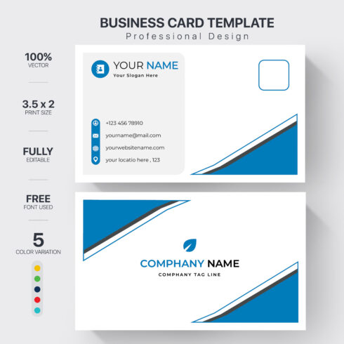 Colorful image of double-sided business card template in white and blue colors.