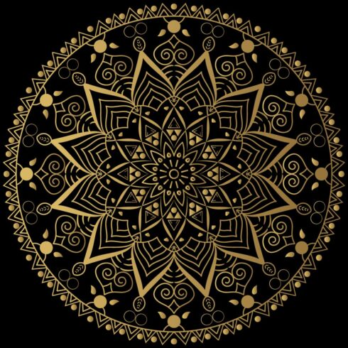 Image with gorgeous round golden mandala on black background.