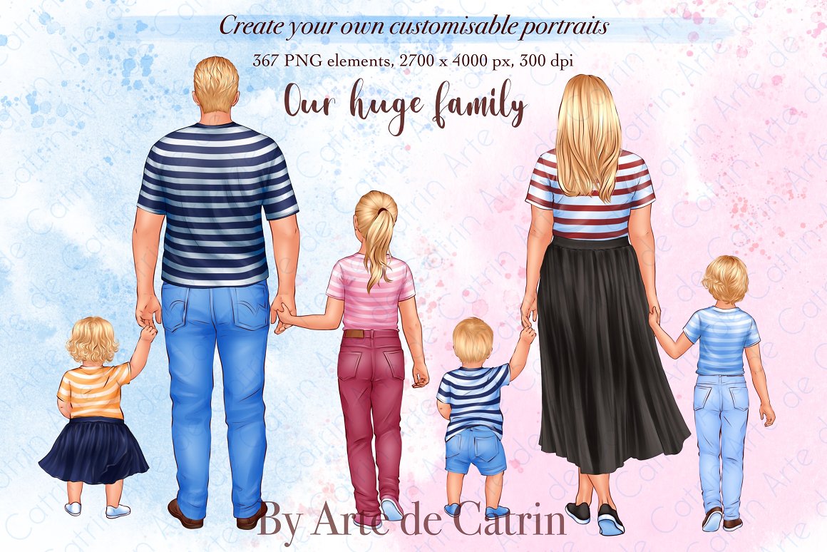Dark purple lettering "Our Huge Family" and illustration of huge family.