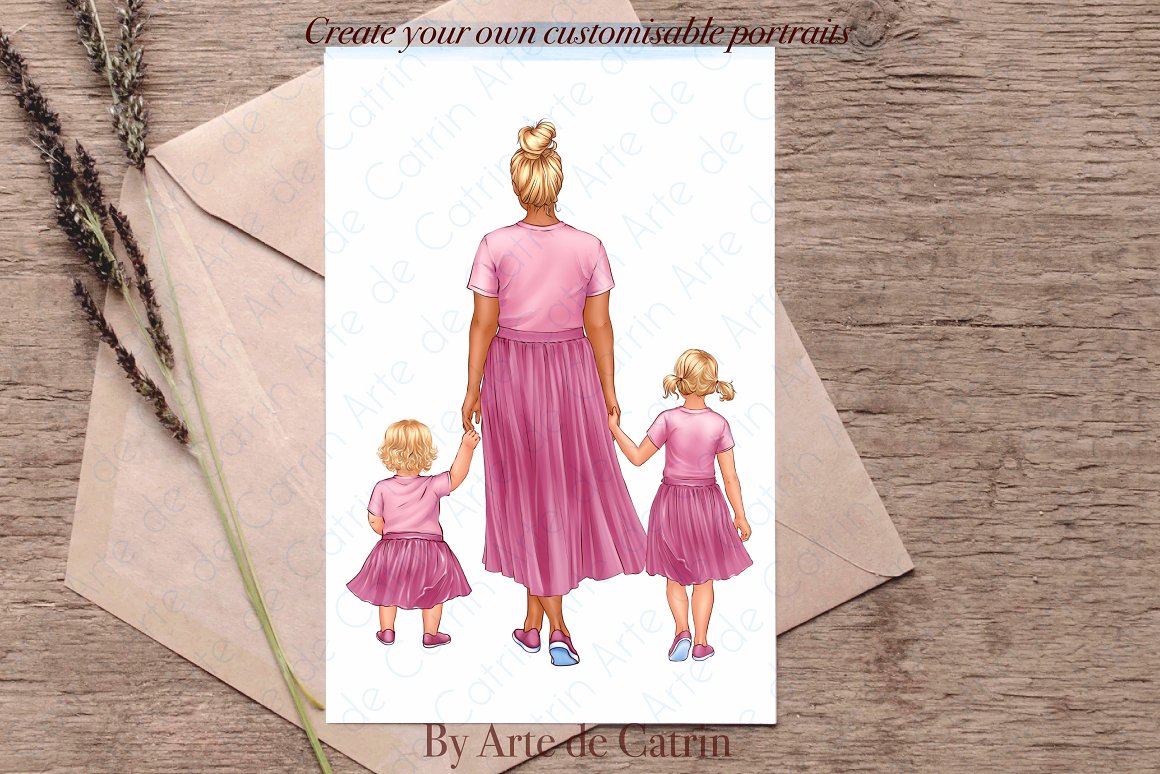White painting with mother and daughters in pink clothes.