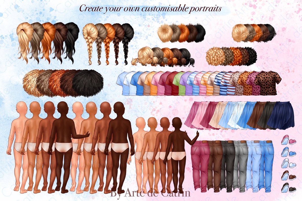 Collection for children with various illustrations of hairstyles, clothes, shoes and body.