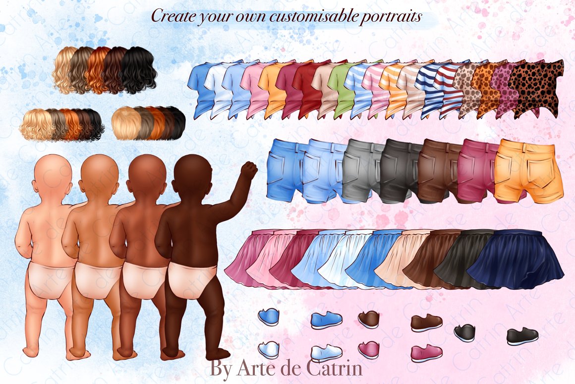 Baby set with illustrations of different hairstyles, clothes, shoes and body.