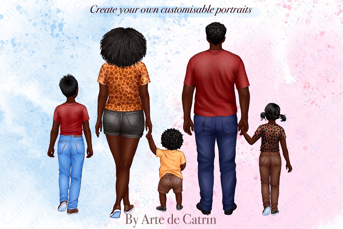 Huge dark-skinned family illustration on watercolor background.