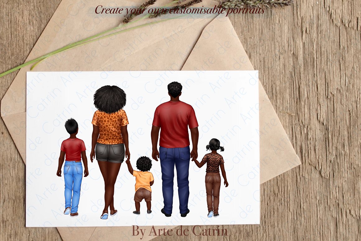 Drawing of dark-skinned big family on a white sheet.
