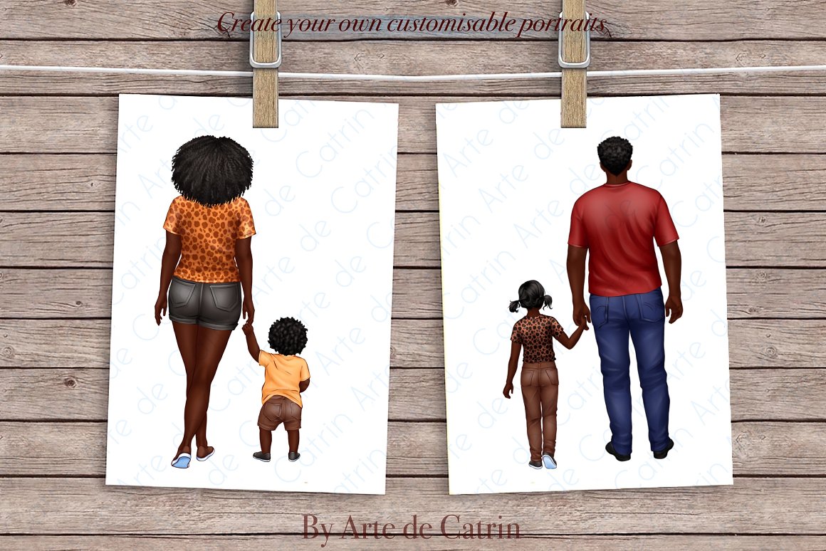 2 white cards with dark-skinned parents and children.