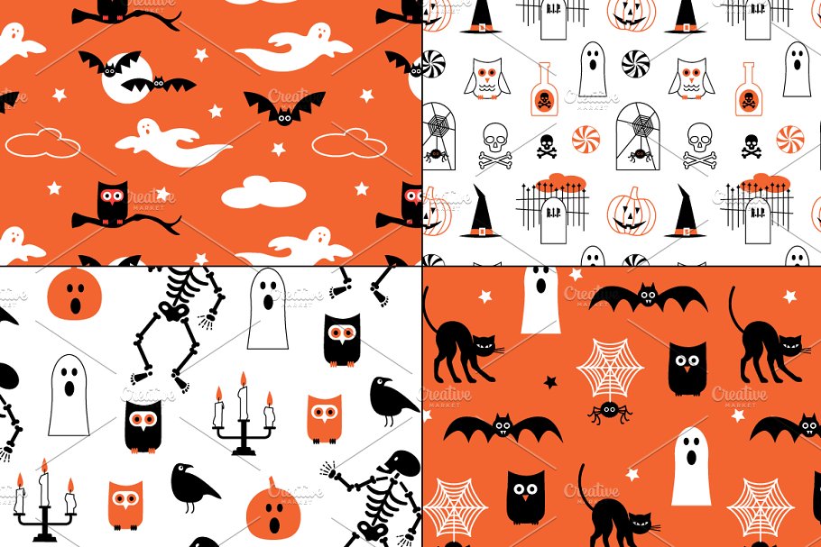 Halloween patterns with cute and spooky motifs in black, orange, and white.