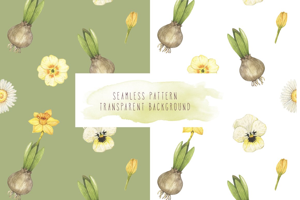 Black lettering "Seamless pattern transparent background" and 2 seamless pattern in green and white with watercolor illustrations of flowers.