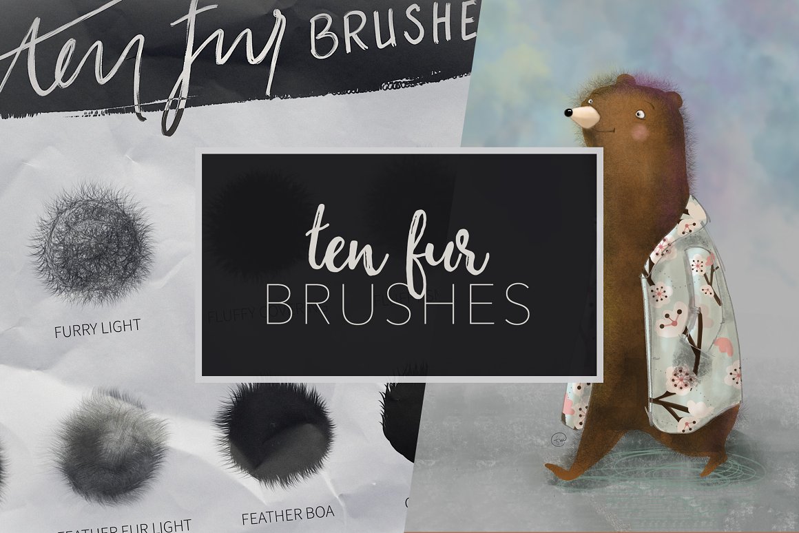 White lettering "Ten fur brushes" on a black background and drawing of a bear.