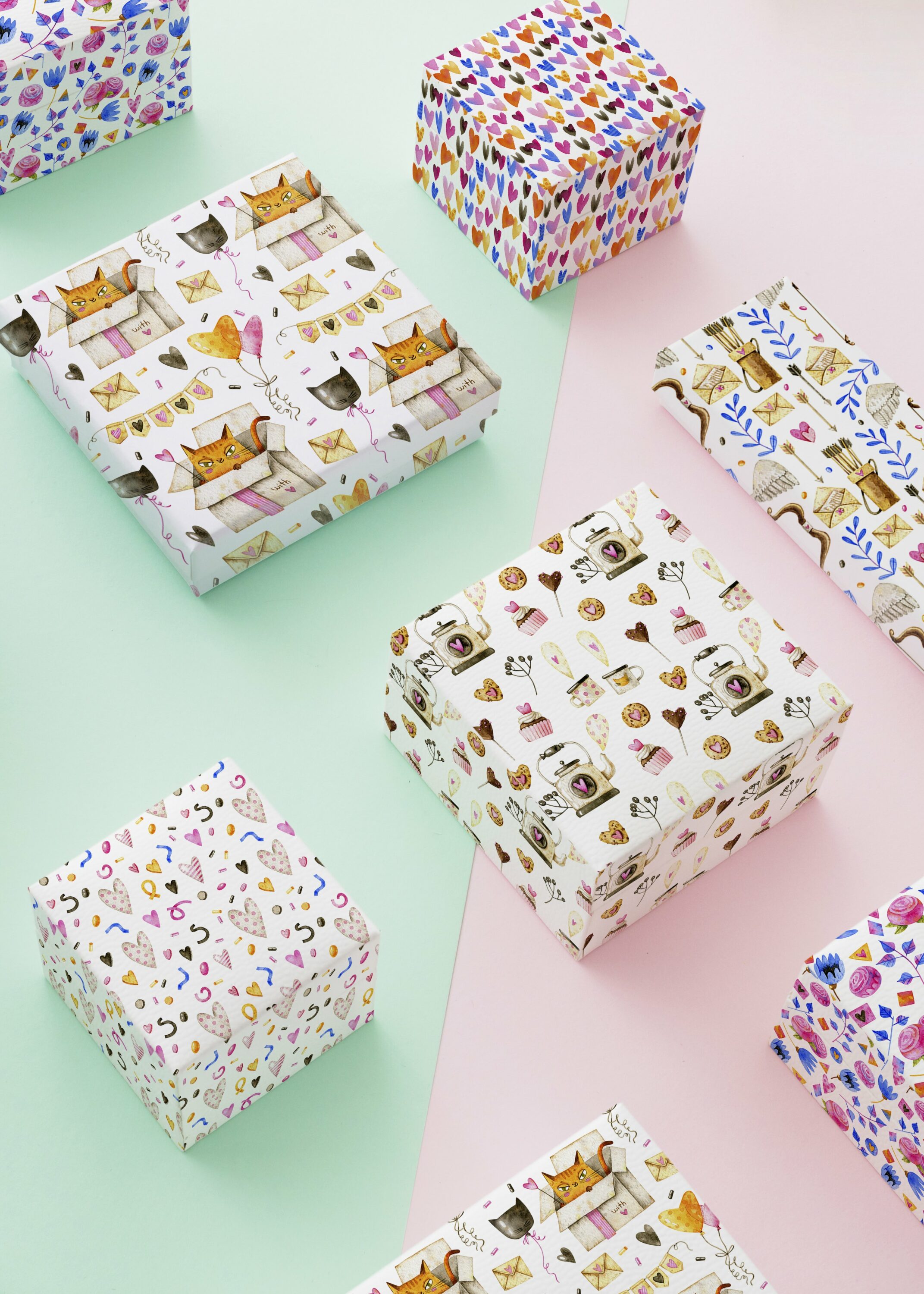Packaging with themed love patterns.