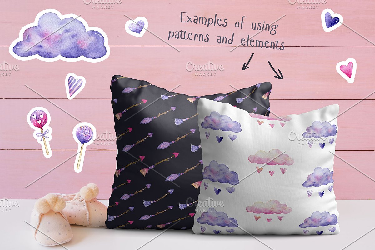 Pillows design with sweet violet watercolor clouds.