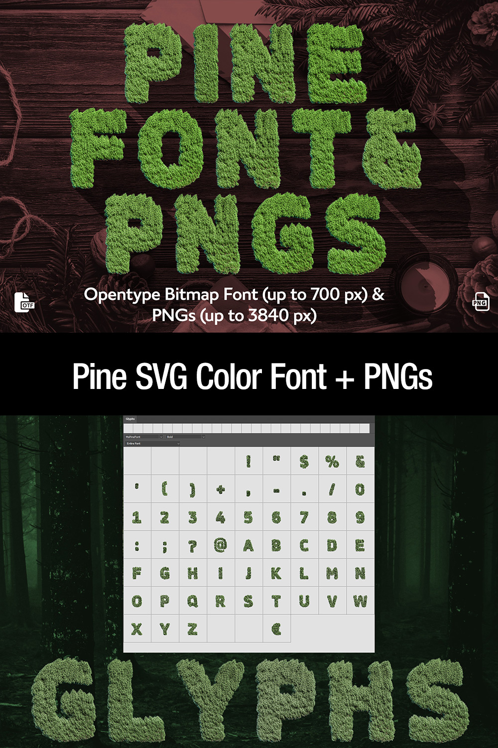 MS Pine Bitmap Font and PNG Design pinterest image.