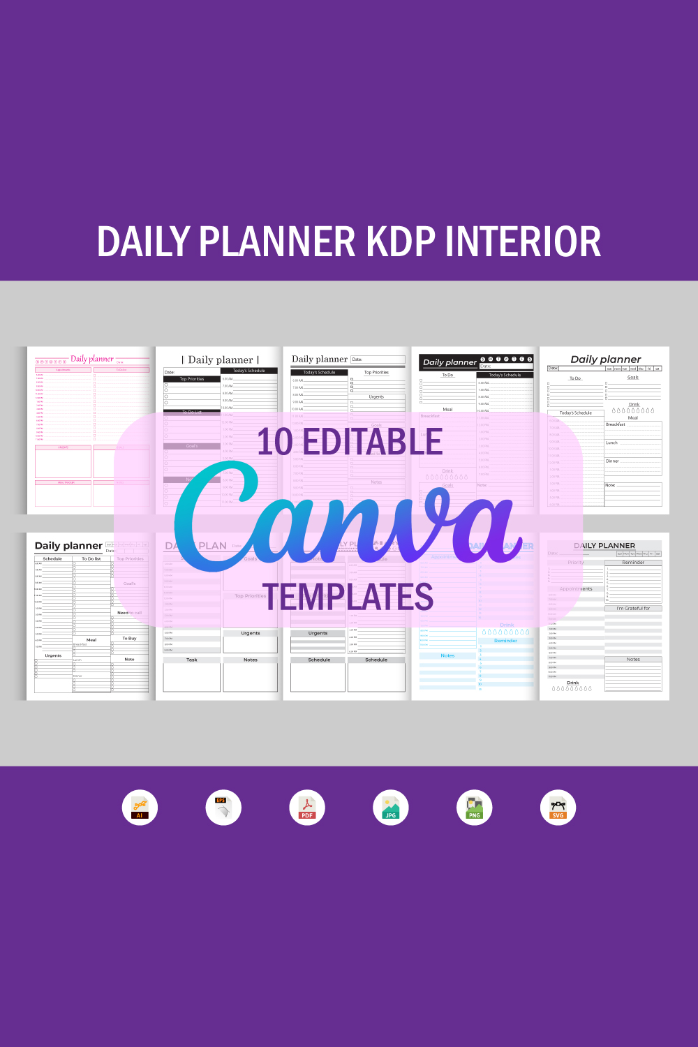 Daily Planner for KDP Editable Canva Templates pinterest image.