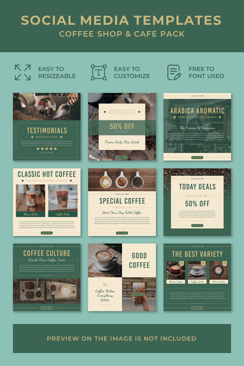 Pinterest collage image with Coffee Shop & Cafe Pack Social Media Post Templates.
