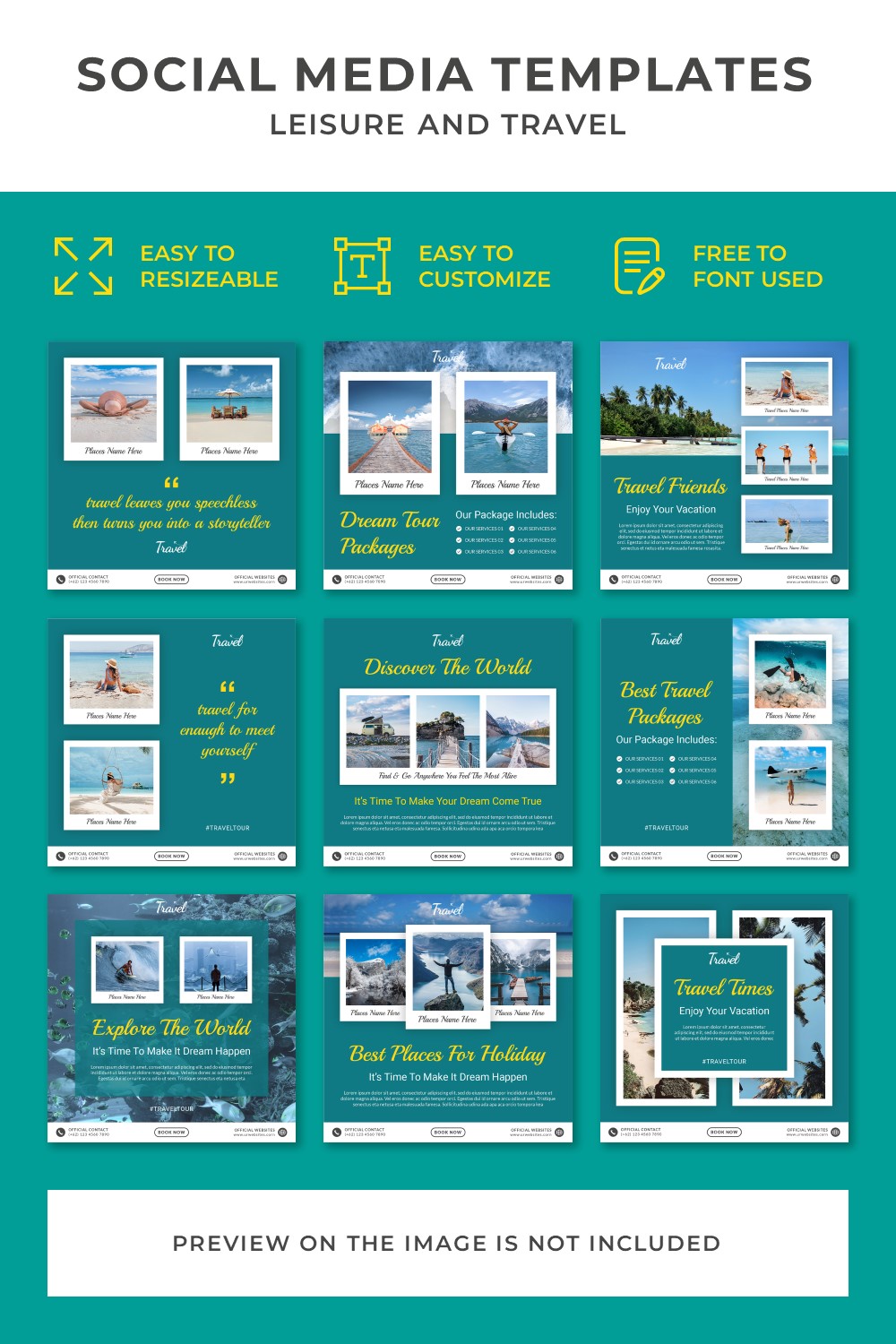 Leisure & Travel Social Media Post Templates Pinterest collage image.