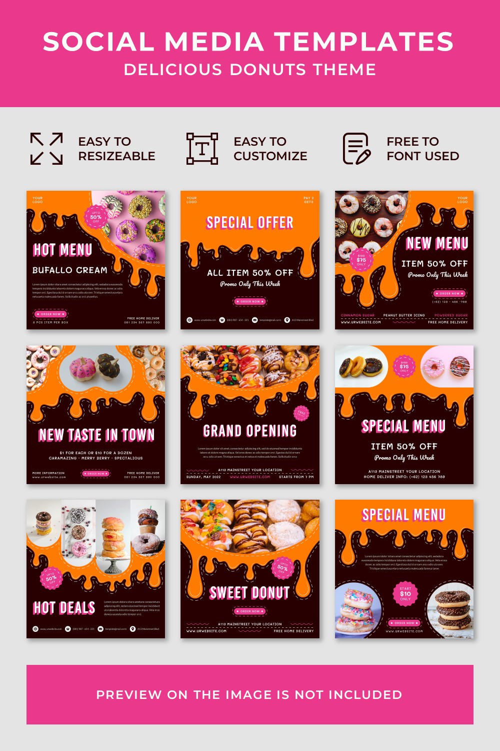 Delicious Donuts Social Media Post Templates Pinterest collage image.