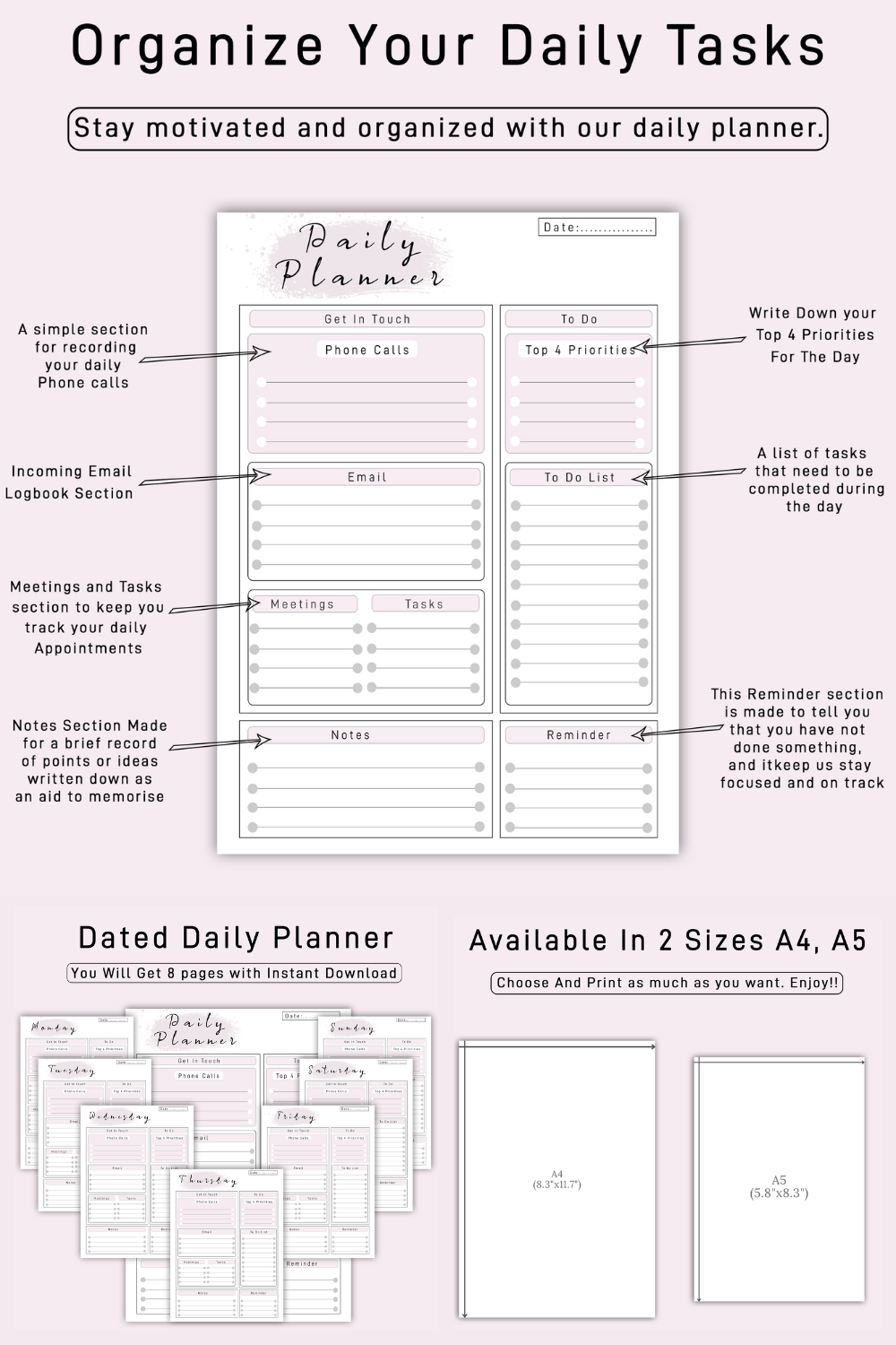 Efficient Daily Printable Planner - pinterest image preview.