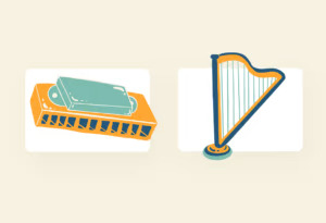 Cute plump musical instruments illustration set with gold colors.