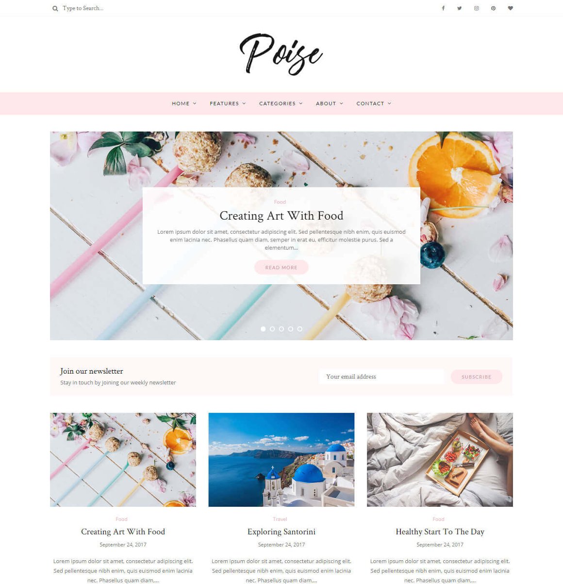 Website with colorful banners of poise blog theme.