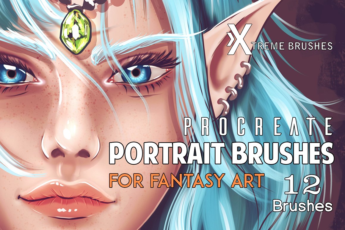 White-orange lettering "Procreate Portrait Brushes For Fantasy Art 12 Brushes" and art portrait.
