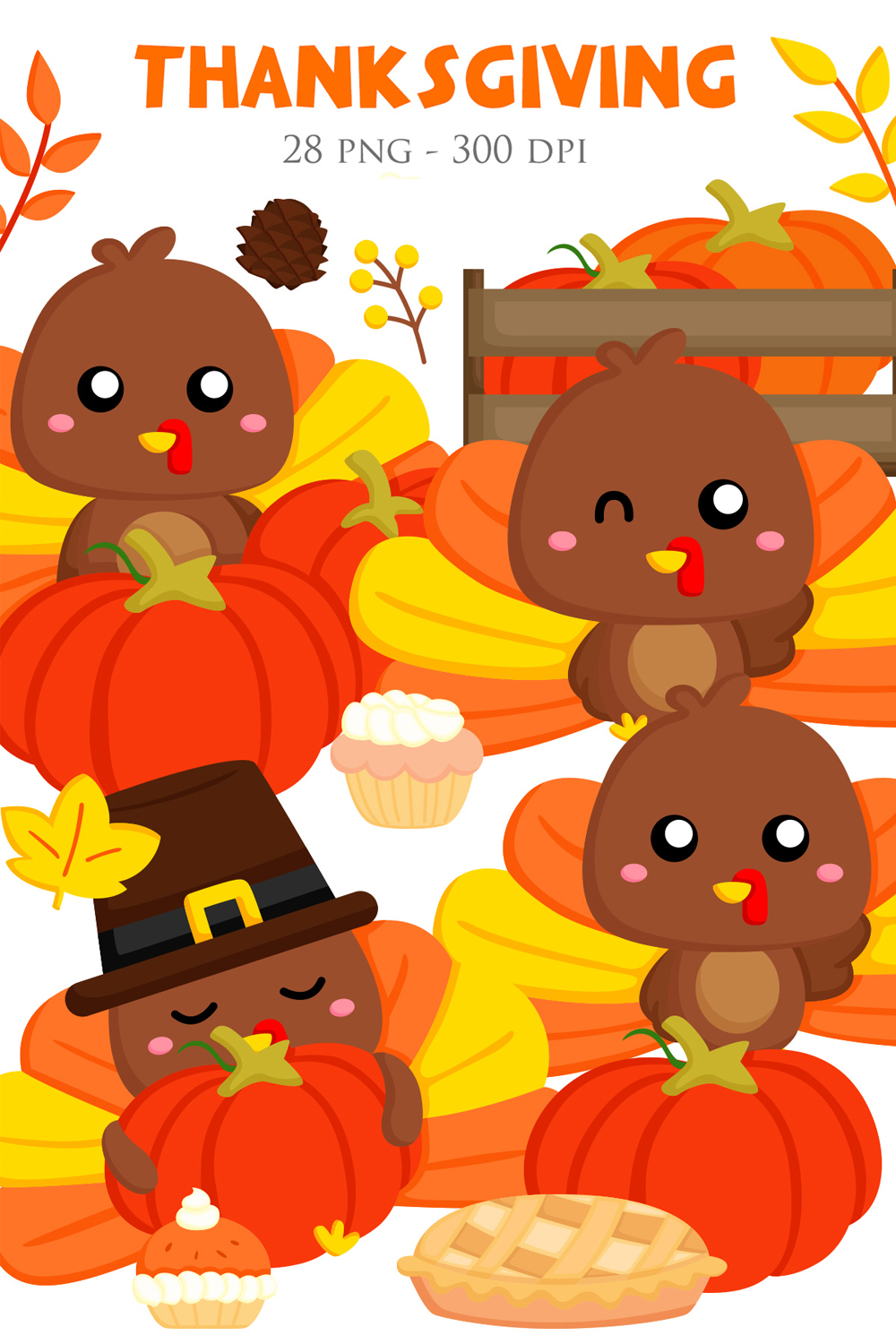 Thanksgiving Cute Holiday Turkey Illustrations - pinterest image preview.