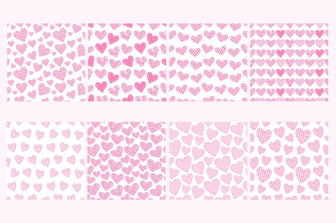 A set of 8 different pink and white seamless patterns with hearts on a pink background.