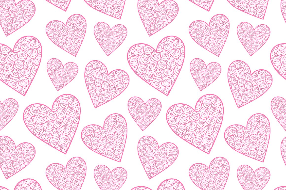 Seamless pattern with pink hearts with a rose ornament on a white background.