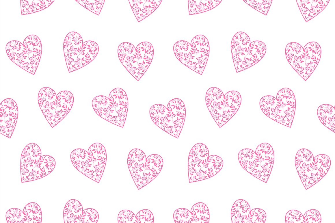 Seamless pattern with pink hearts with an ornament of branches on a white background.