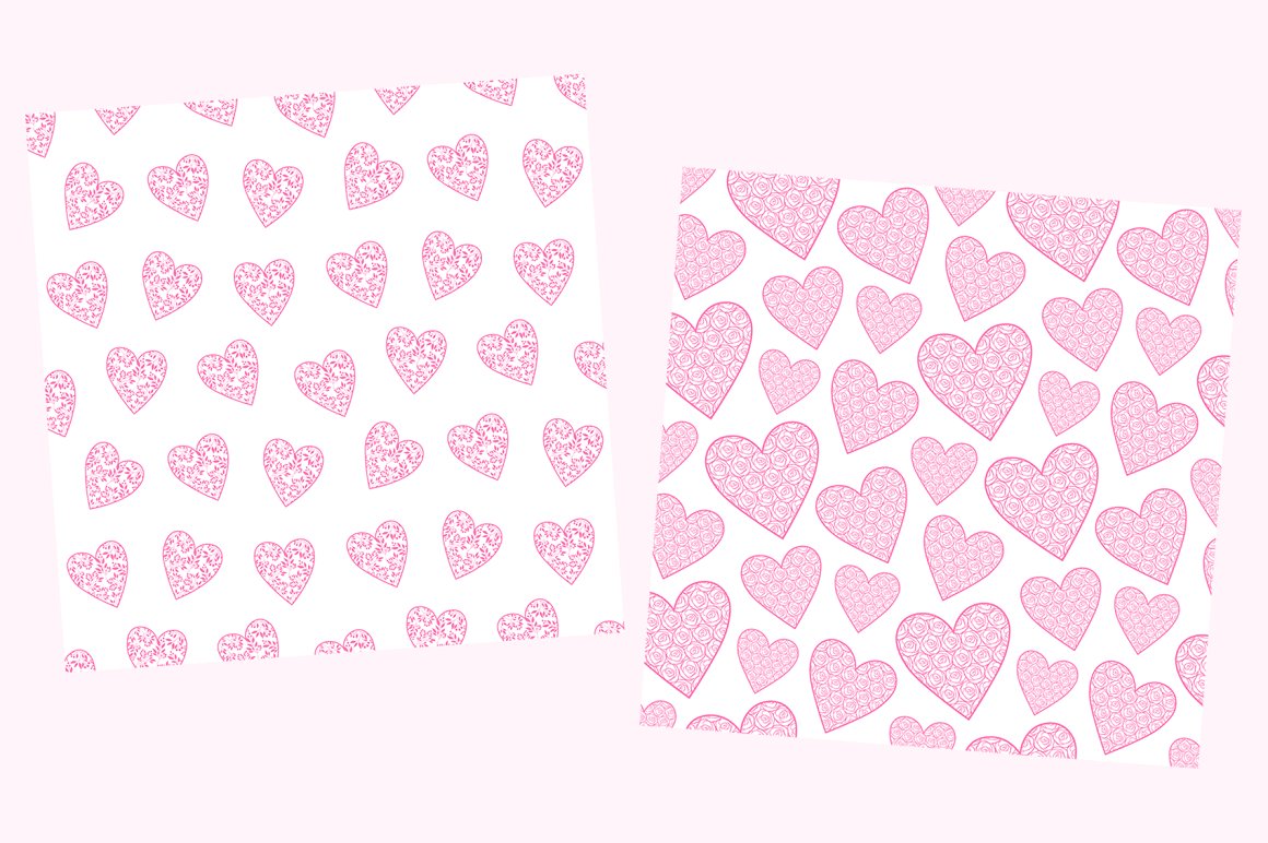 2 different pink and white seamless patterns with hearts on a pink background.