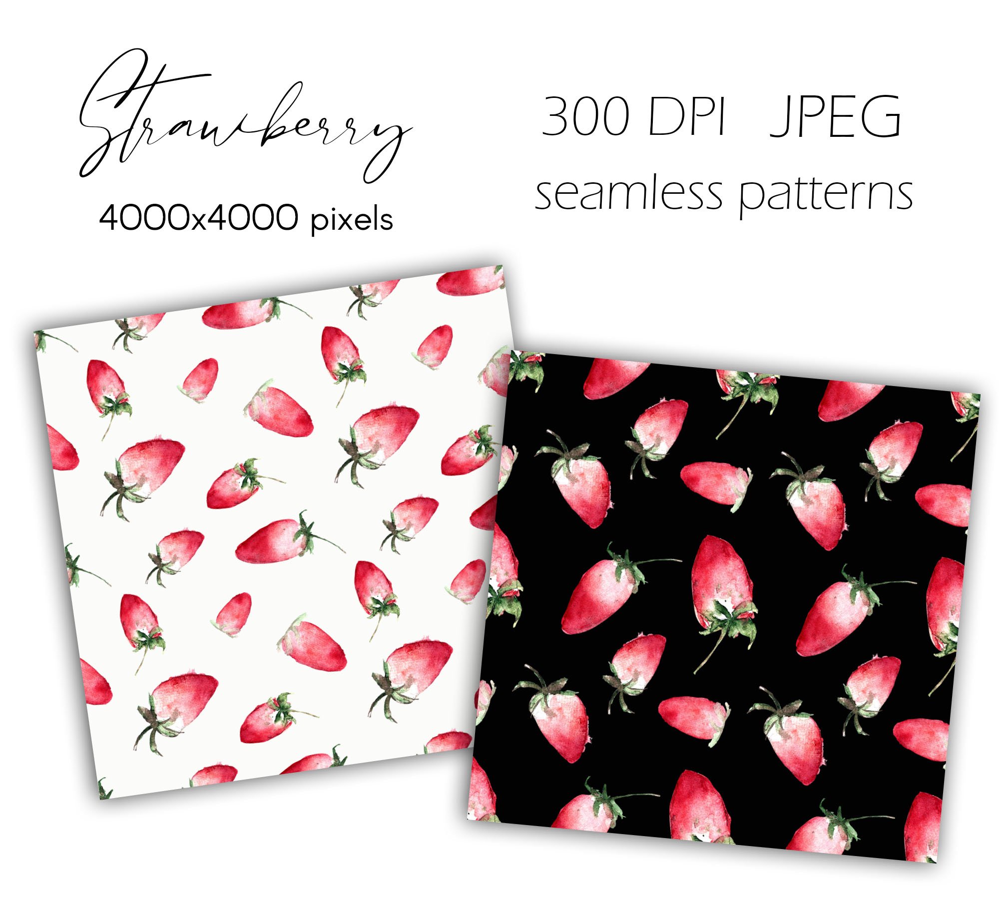 2 white and black seamless patterns with strawberries on a white background.