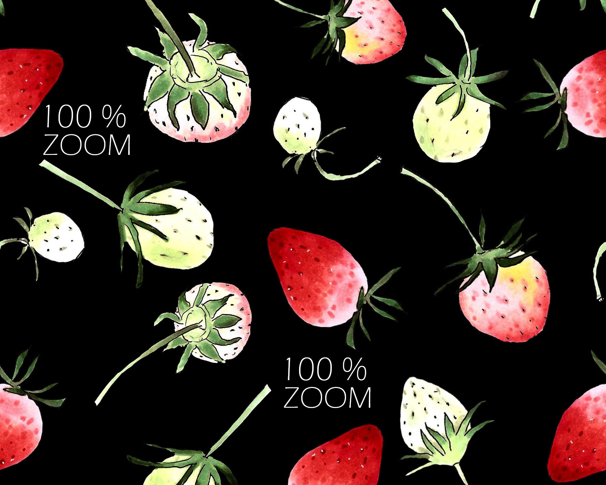 Illustration of strawberries in close-up on a black background.