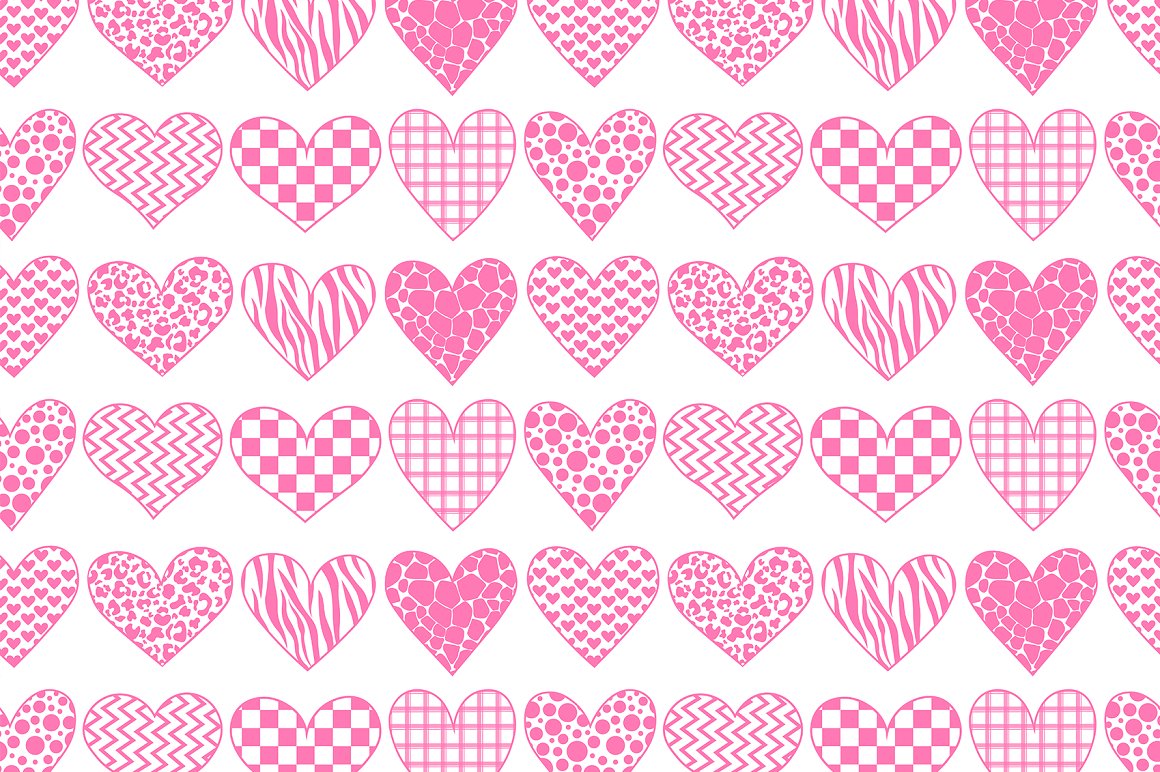 Seamless pattern with pink hearts with different ornaments on a white background.