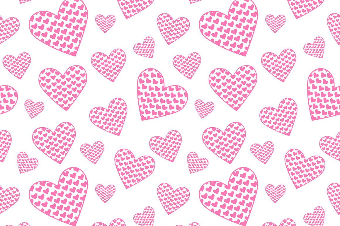 Seamless pattern with pink hearts with an ornament of pink hearts on a white background.