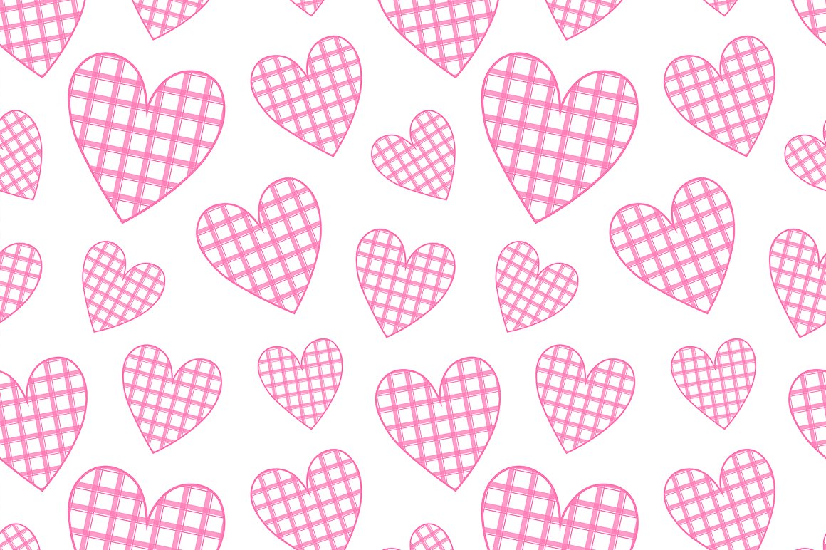 Seamless pattern with pink hearts with a checkered ornament on a white background.