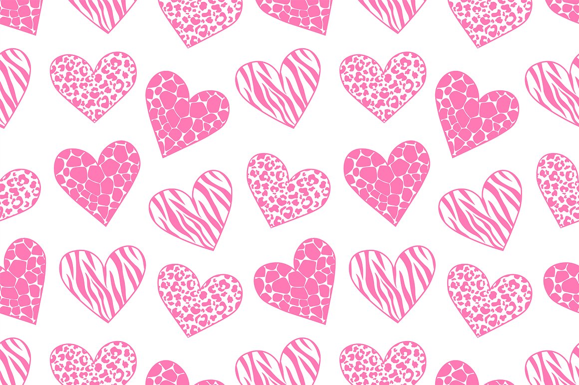 Seamless pattern with pink hearts with a different ornament on a white background.