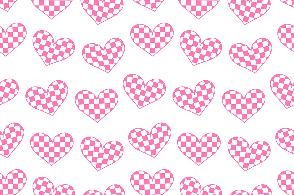 Seamless pattern with pink hearts with a square ornament on a white background.