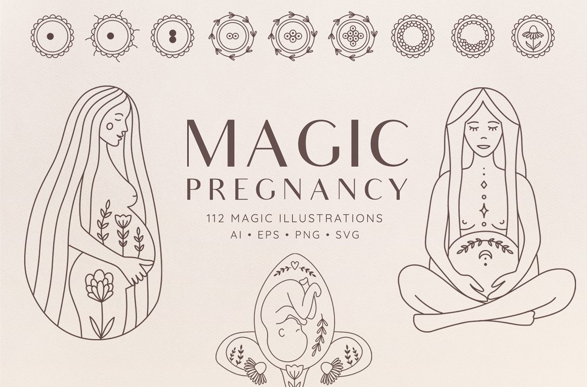 Dark gray lettering "Magic Pregnancy" and dark gray illustrations on a gray background.